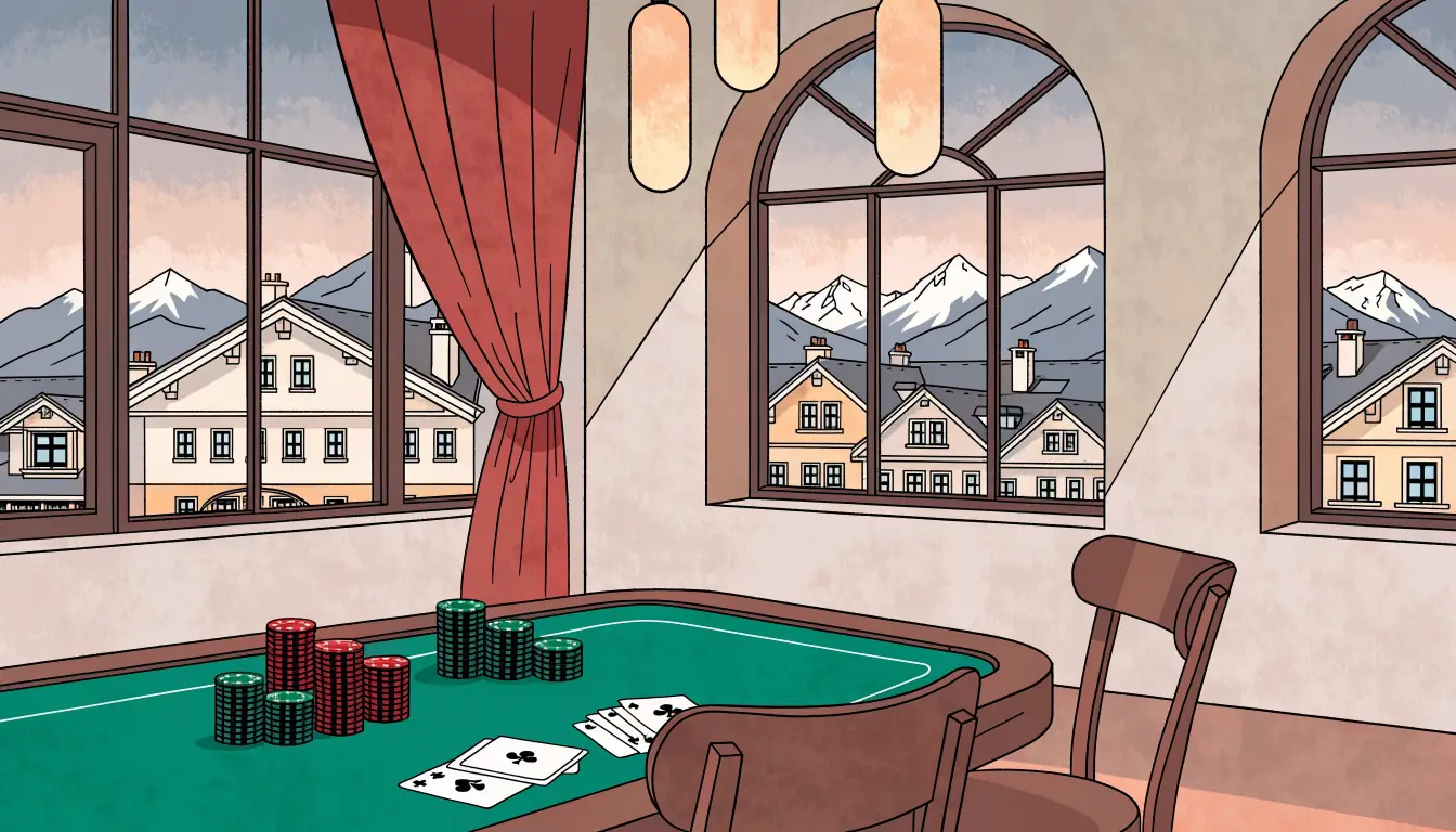 Schweizer Casino-Lounge mit Spieltisch, Chips und Alpenblick durch Bogenfenster bei Dämmerung