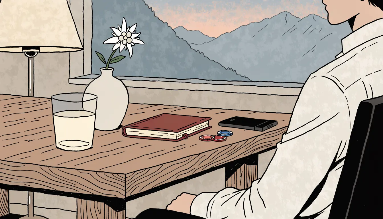Schweizer Abendstimmung mit Casino-Chips, Smartphone und Alpenblick