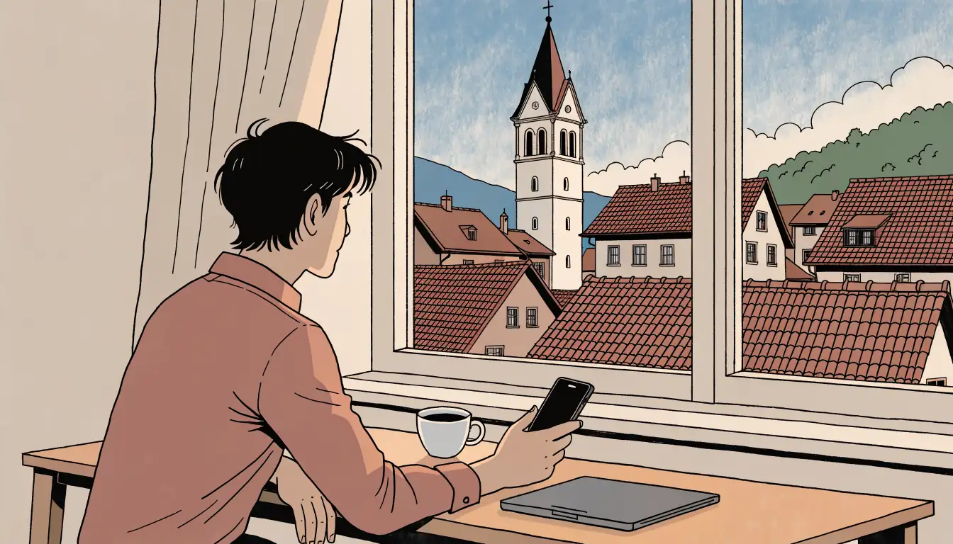 Schweizer Wohnung mit Schreibtisch, Smartphone und Blick auf alpine Dächer