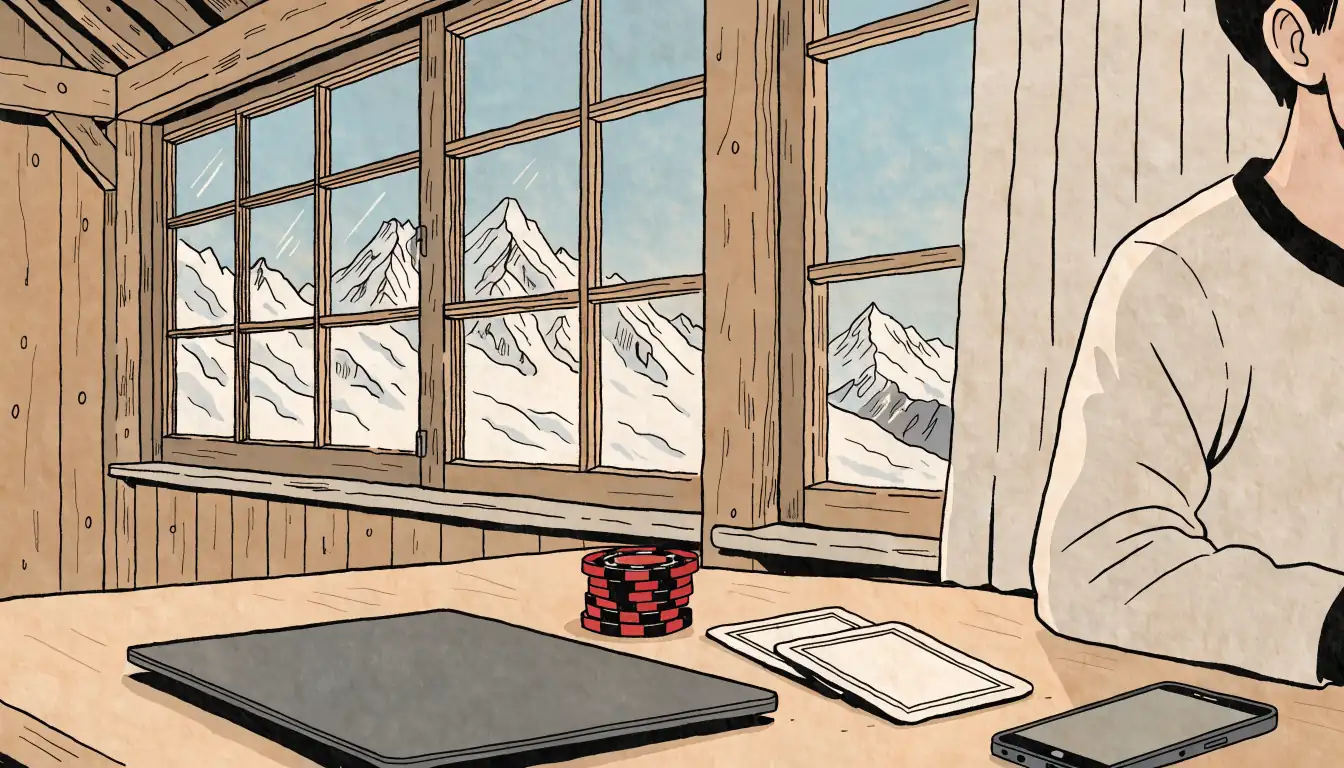 Laptop, Casino-Chips und Smartphone auf Holztisch in einem Schweizer Chalet mit Alpenblick