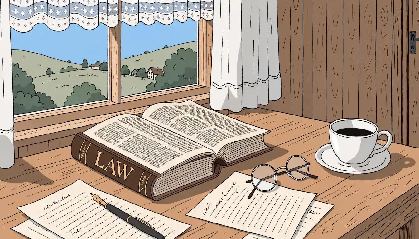 Holzschreibtisch mit offenem Rechtsbuch und Brille in einem Schweizer Chalet
