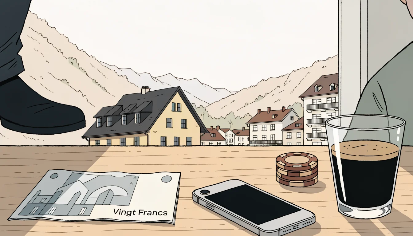 Zwanzig-Franken-Note, Smartphone und Casino-Chips auf einem Holztisch.