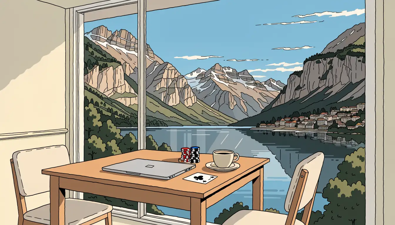 Schweizer Wohnung mit Holztisch, geschlossenem Laptop, Casino-Chips und Spielkarte, Alpenblick im Fenster