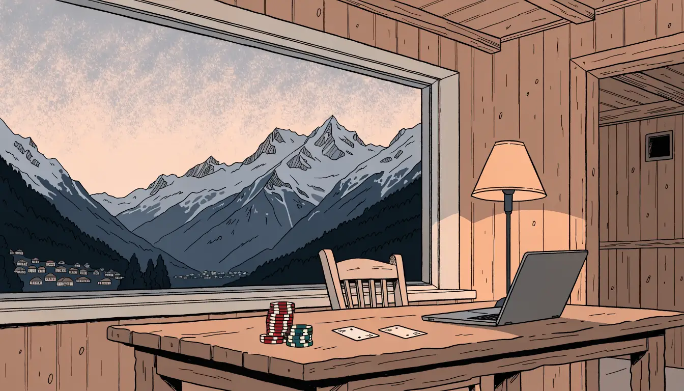 Geschlossener Laptop mit Casino-Chips und verdeckten Spielkarten auf einem Holztisch in einem Schweizer Chalet bei warmem Abendlicht.