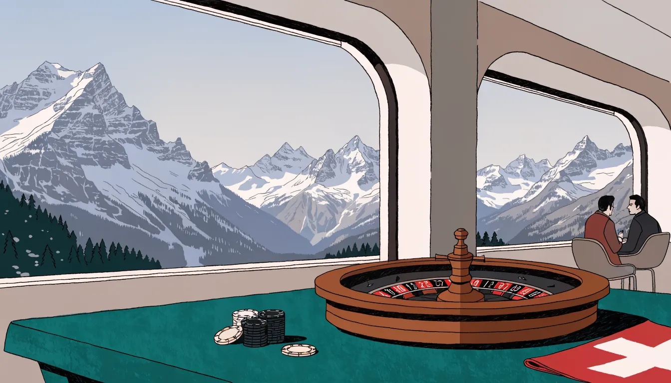 Roulette-Tisch mit Spielchips vor einem Fenster mit Blick auf die Schweizer Alpen.