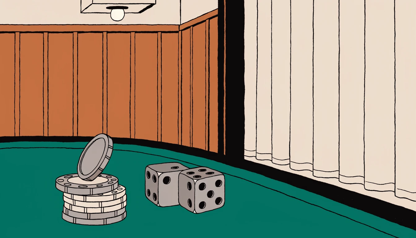 Würfel und Spielchips auf einem Filztisch in einem leeren Schweizer Spielsaal.