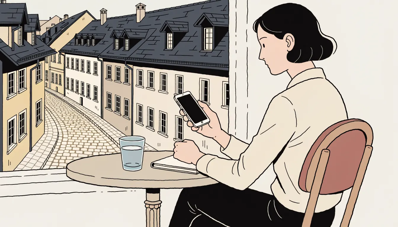 Person hält Smartphone geschlossen in einem Schweizer Café.